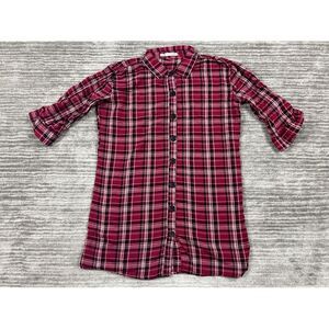 Maurices Top Womens Medium Pink Metallic Plaid 3/4 Sleeve Button‎ Up Casual